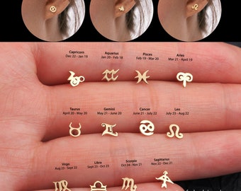 14K Solid Gold Threadless Zodiac Sign Tops/Push-In Labret/12 Constellation Zodiac Stud Earrings/Cartilage/Tragus/Helix/Conch/Earlobe Studs