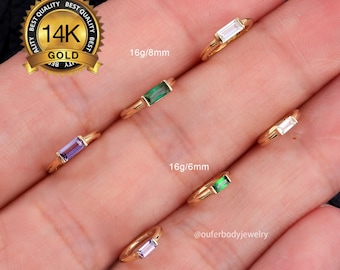 14K Solid Gold Baguette CZ Huggie Hoop Earrings/Small Helix Hoop/Rectangle Green Lavender CZ Cartilage Hoop/Tragus Hoop/Dainty Earrings/Gift