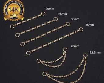 14K Solid Gold Dangle Chain Attachement/Double Chain Piercing/Gold Cartilage Chain/Linking Chain Connector/Loop Chain Earring 20,25,30,35mm