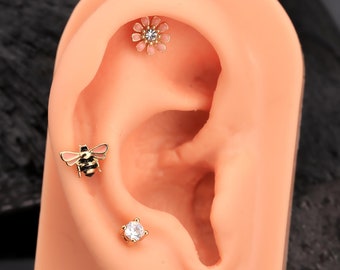 3Pcs 16G Pink Bee Flower CZ Cartilage Stud Earrings/Helix Studs/Tragus Stud/Conch Stud/Stacking Earring/Tiny CZ earrings/Minimalist Earrings