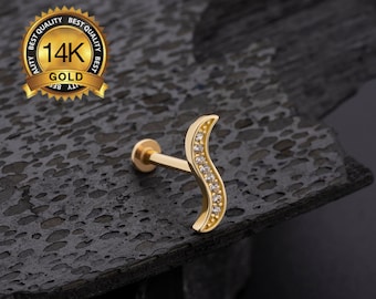 14K Gold S Shape Cartilage Earring/Threadless Push Pin Stud/Inner Conch Piercing/Helix/Tragus/Earlobe Stud/Flat Back Earrings 16g 18g 20g