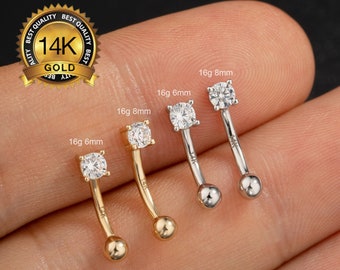 14K Solid Gold Round CZ Eyebrow Piercing/16G Curved Barbell/Rook Earring/Vertical Labret Jewelry/Eyebrow Ring/Rook Barbell/Cartilage Earring