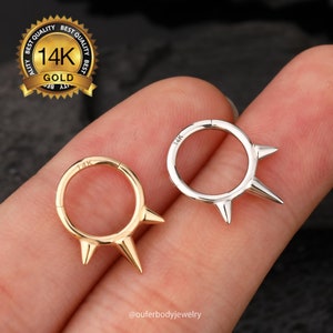 Anillo de tabique nasal con púas de oro macizo de 14 quilates, aro nasal, aro Daith, aro con bisagras, aro con triple púas para tabique nasal, hélix, trago, caracola, regalo para ella.
