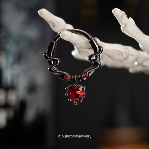 16G Dangle Red Heart Septum Ring/Black Silver Entwined Snakes Septum Jewelry/Daith/Helix/Conch/Traugs/Cartilage Hoop Clicker/Spooky Jewelry