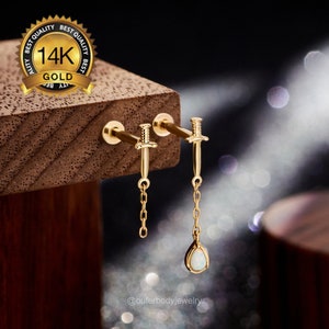 Boucles d'oreilles sans filetage poignard en or 14 carats/boucles d'oreilles pendantes/Push-in/nez/tragus/cartilage/conque/piercing hélice avant/clous arrière plat 16G 18G 20G