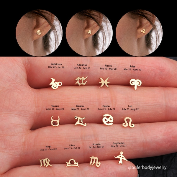 14K Solid Gold Threadless Zodiac Sign Tops/Push-In Labret/12 Constellation Zodiac Stud Earrings/Cartilage/Tragus/Helix/Conch/Earlobe Studs