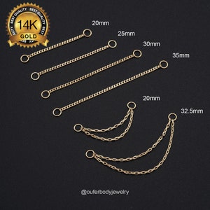 Attachement de chaîne pendante en or massif 14K/Piercing à double chaîne/Chaîne de cartilage en or/Connecteur de chaîne de liaison/Boucle d’oreille de chaîne en boucle 20,25,30,35mm