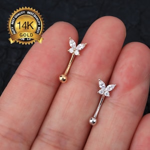 14K Solid Gold Schmetterling gebogen Barbell Ohrring/16g Turm Piercing/Augenbraue Piercing Schmuck/Daith Schmuck/Turm Piercing Schmuck/Geschenk für sie