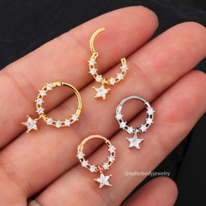 16G Star Dangle Septum Ring/Daith Earrings/Helix Hoop/Septum Clicker/Septum Jewelry/Silver Septum Hinged Hoop/Tragus/Conch Hoop/Gift for her