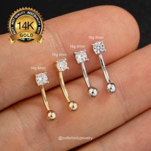14K Solid Gold Round CZ Eyebrow Piercing/16G Curved Barbell/Rook Earring/Vertical Labret Jewelry/Eyebrow Ring/Rook Barbell/Cartilage Earring