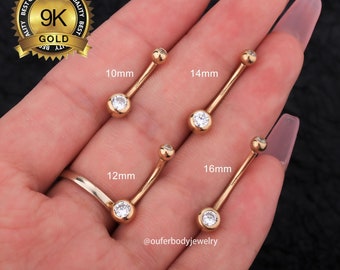 9K Solid Gold Round CZ Belly Button Ring Internally threaded 10,12,14,16mm/Navel Ring/Belly Piercing/Navel Jewelry/Curved Barbell Jewelry