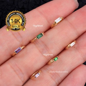 14K Solid Gold Baguette CZ Huggie Hoop Earrings/Small Helix Hoop/Rectangle Green Lavender CZ Cartilage Hoop/Tragus Hoop/Dainty Earrings/Gift