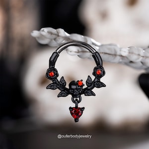 16G Rose Leaves Skull Head Red Gem Dangle Septum Ring/Daith Earring/Cartilage Piercing/Helix Hoop/Conch Hoop/Tragus Hoop/Dainty Earring/Gift