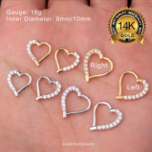 Boucles d'oreilles Daith en forme de coeur en or massif 16G 14K/Boucles d'oreilles cartilage/Daith/Hoop cerceau/Septum Hoop/Tragus Hoop/Boucles d'oreilles minimalistes/Cadeau pour elle