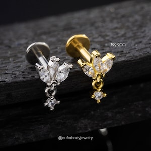 16G THREADLESS Crown Dangle Earring/Gold/Silver Cartilage Stud/Push Pin Labret Stud/Nose/Tragus/Conch/Helix Piercing/Drop Earrings/Flat Back