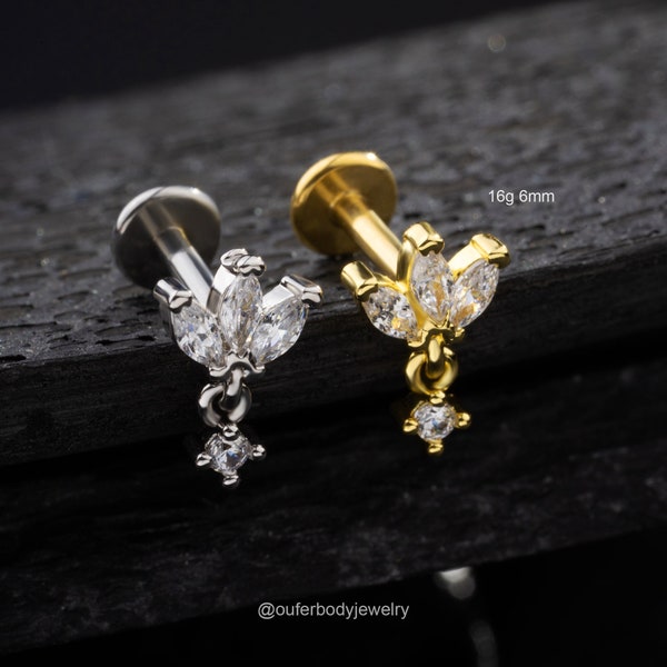 16G THREADLESS Crown Dangle Earring/Gold/Silver Cartilage Stud/Push Pin Labret Stud/Nose/Tragus/Conch/Helix Piercing/Drop Earrings/Flat Back