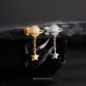 Boucles d'oreilles cartilage étoile pendantes planète or 16 g/piercing labret à filetage interne/boucle d'oreille hélice/conque/goujon Tragus/cadeaux