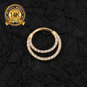 14K massief gouden dubbele CZ septum ring/16g septum clicker hoepel/kraakbeen hoepel/daith-oorbel/neusring/helix/tragus/conch piercing/cadeau voor haar