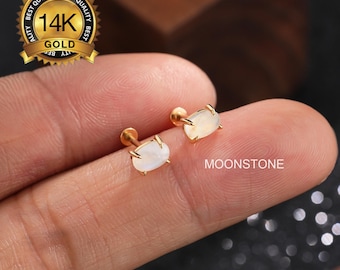 14Kソリッドゴールドオーバルムーンストーンフラットバックスタッドイヤリング/スレッドレスプッシュピンラブレットスタッド/軟骨/ヘリックス/コンク/トラガスピアス