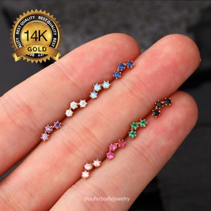 14K Solid Gold Colorful CZ Threadless Push In Labret Stud Earring/Cartilage Flat Back Stud/Conch Stud/Tiny Studs/Helix Stud/Tragus/Nose Stud