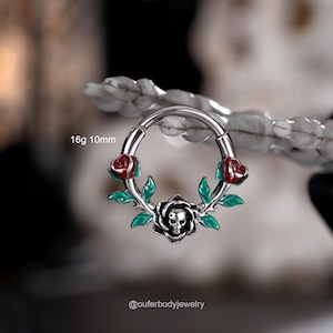 16G schedel hoofd roos ontwerp groene bladeren segment septum ring/daith-oorbel/kraakbeen/helix hoepel/conch piercing/tragussieraden/sierlijke oorbel