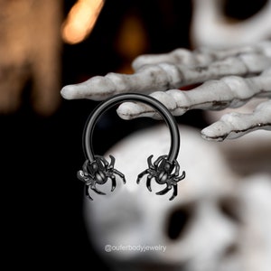 16G Two Spiders Ends Horseshoe Septum Ring/Black Gold Silver Spider Septum Jewelry/Daith Ring/Cartilage/Helix/Conch/Traugs Halloween Jewelry