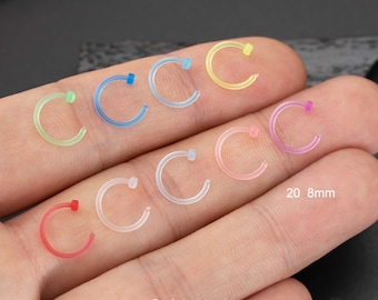 20G 9PCS Pack Colorful Acrylic Nose Hoop Ring/C Shape Nose Ring/Flat End Round Nostril Hoop/Nose piercing/Nose Jewelry/Open Nose Rings/Gift