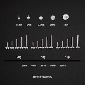 20g/18g/16g Implant Grade Titanium Tiny Bezel CZ Threadless Flat Back Earring/Nose Stud/Push Pin Labret Stud/Helix/Tragus/Conch/Earlobe Stud