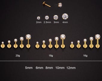 20G/18G/16G Implant Grade Titanium Prong CZ Gold Threadless Push Pin Labret/Tragus/Cartilage/Conch/Flat Back Earring/Nose Stud 2, 2.5,3,4mm