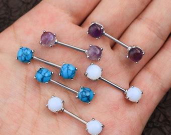 Nipple Rings Nipple Jewelry Pair of 14G Gold Elegant Opal with Turquoise Stone Nipple Barbells Nipple Piercing