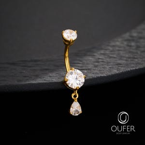 14G 10mm Gold Round CZ Belly Ring, Dainty Teardrop Dangle, Elegant Navel Piercing Jewelry, Curved Barbell, Belly Piercing, Belly Button Ring