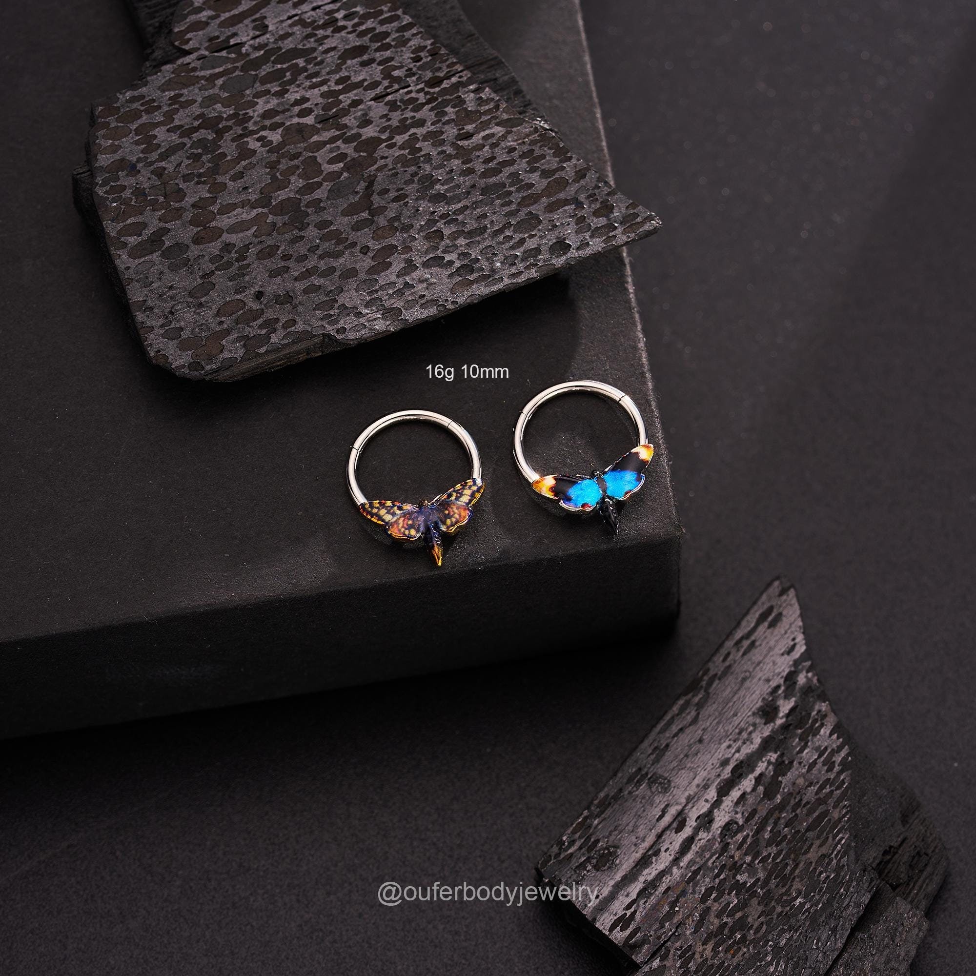 16G Blue/Yellow Moth Hinged Segment Septum Ring/Septum Clicker/Cartilage Hoop/Daith Earring/Helix/Conch/Tragus Hoop/Wings Jewelry Halloween