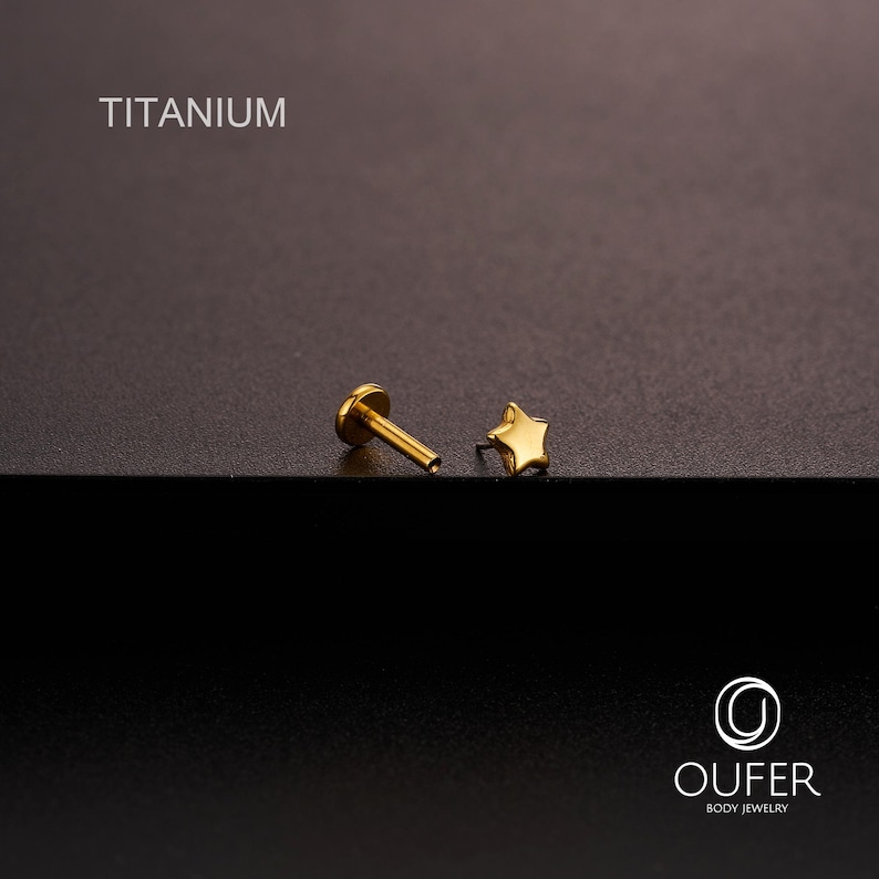 K&ouml;nnte beinhalten: Ein goldfarbener Stern-Ohrstecker und ein flacher Labret-Stecker werden auf einer dunklen Oberfl&auml;che gezeigt. Das Wort "TITANIUM" ist in Wei&szlig; gedruckt. Der Schmuck ist von OUFER BODY JEWELRY.