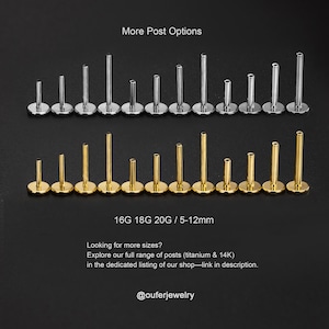 Puede incluir: Una selecci&oacute;n de postes de joyer&iacute;a corporal plateados y dorados. Los postes est&aacute;n dispuestos en filas, con diferentes longitudes y calibres. El texto "More Post Options" y "16G 18G 20G / 5-12mm" son visibles. Tambi&eacute;n se muestra el identificador de Instagram de la tienda, "@ouferjewelry".