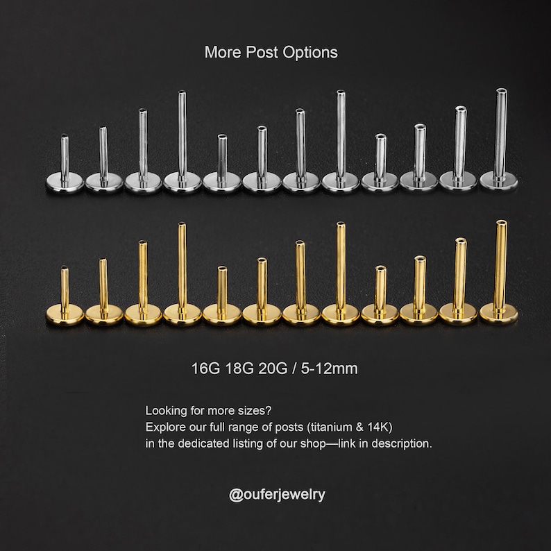 Puede incluir: Una selecci&oacute;n de postes de joyer&iacute;a corporal plateados y dorados. Los postes est&aacute;n dispuestos en filas, con diferentes longitudes y calibres. El texto "More Post Options" y "16G 18G 20G / 5-12mm" son visibles. Tambi&eacute;n se muestra el identificador de Instagram de la tienda, "@ouferjewelry".