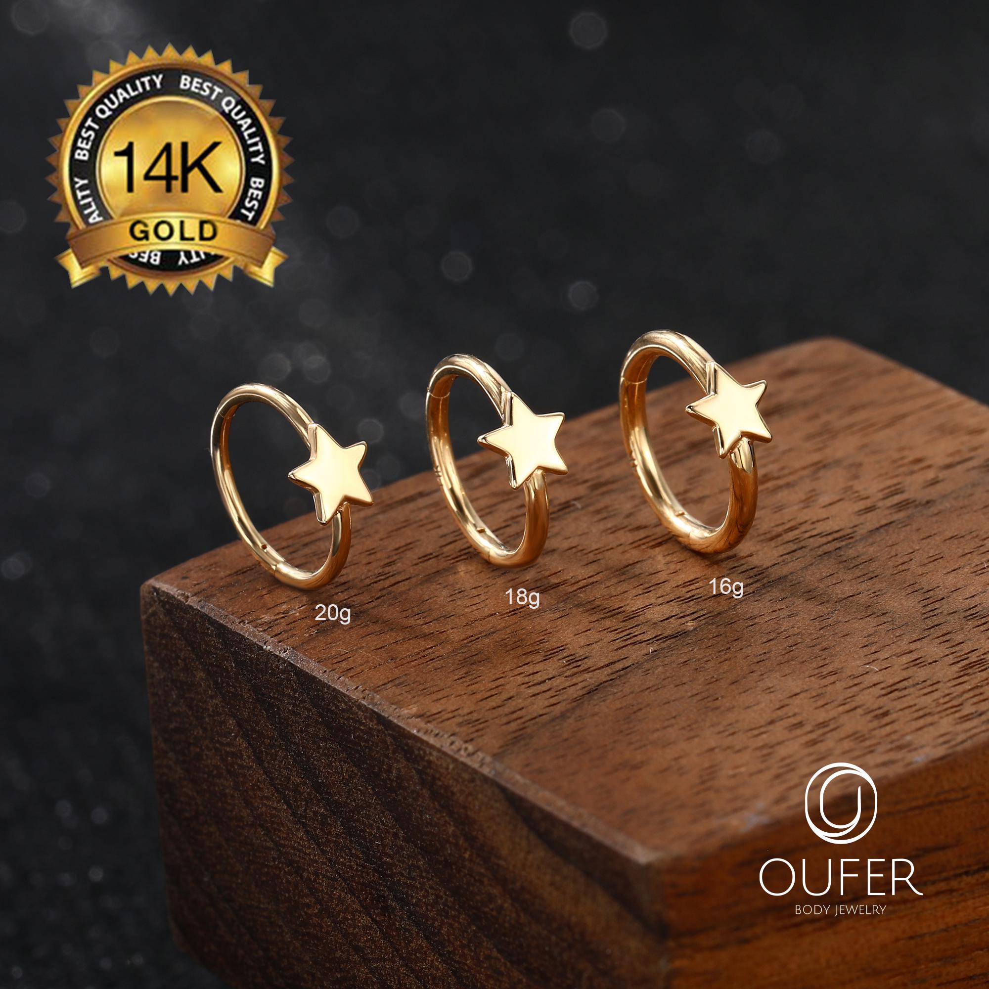 14K Solid Gold Star Hinged Clicker Hoop/16g/18g/20g Cartilage