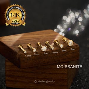 14K Solid Gold Prong/Bezel MOISSANITE Diamond Cartilage Stud/Internally Threaded Flat Back Earring/Nose Stud/Helix/Conch/Tragus/Labret Stud