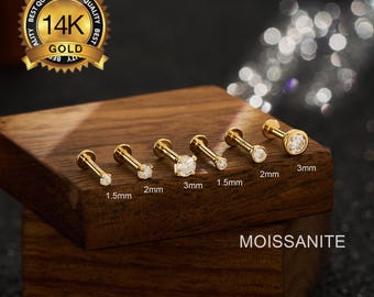 Orecchino a perno con cartilagine di diamanti MOISSANITE con castone/griffe in oro massiccio 14K/orecchino a fondo piatto con filettatura interna/orecchino a perno per naso/elica/conca/trago/labret