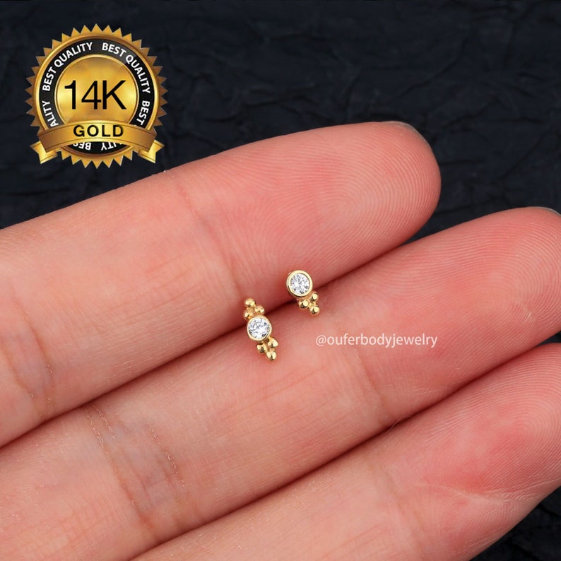 14K Gold CZ Beads Threadless Push Pin Labret Stud/Nose/Tragus/Cartilage/Conch/Helix Piercing/earlobe studs/Threadless end/Flat Back earrings image 1