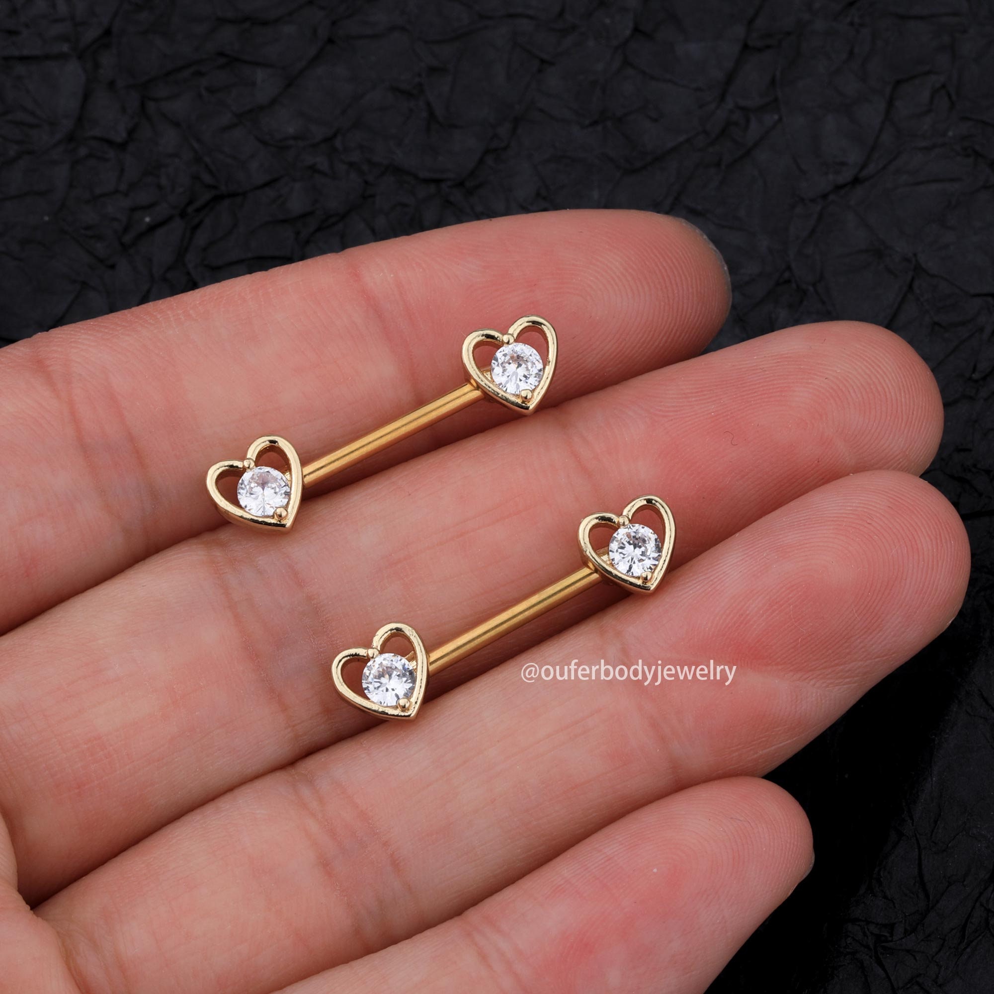 14G Heart Crystal CZ Silver and Rose Gold Nipple Ring Pair