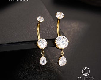 14G Titanium Round CZ Belly Button Ring – Navel Piercing Jewelry, Curved Barbell, Gold/Silver