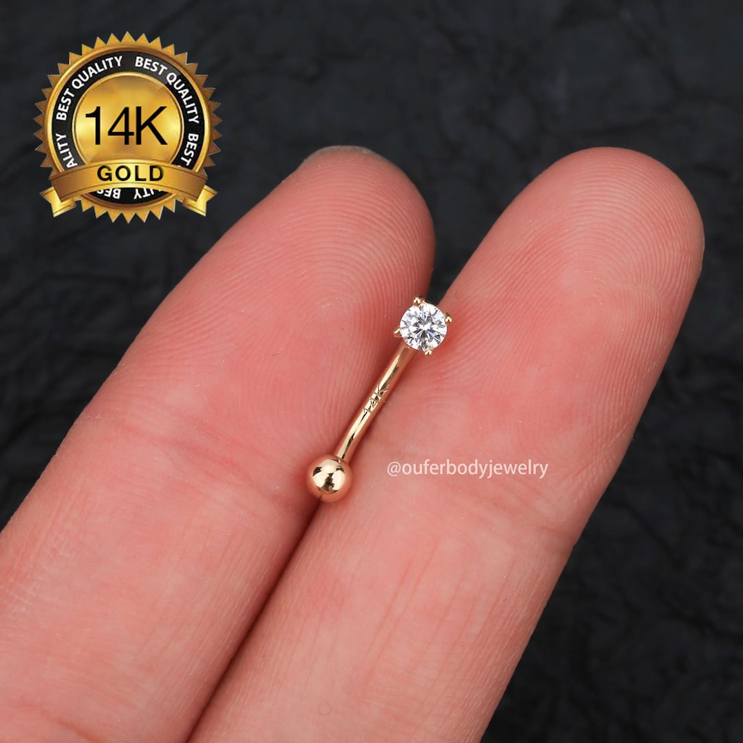 14K Gold Round CZ Curved Barbell Earring/16g Rook Piercing
