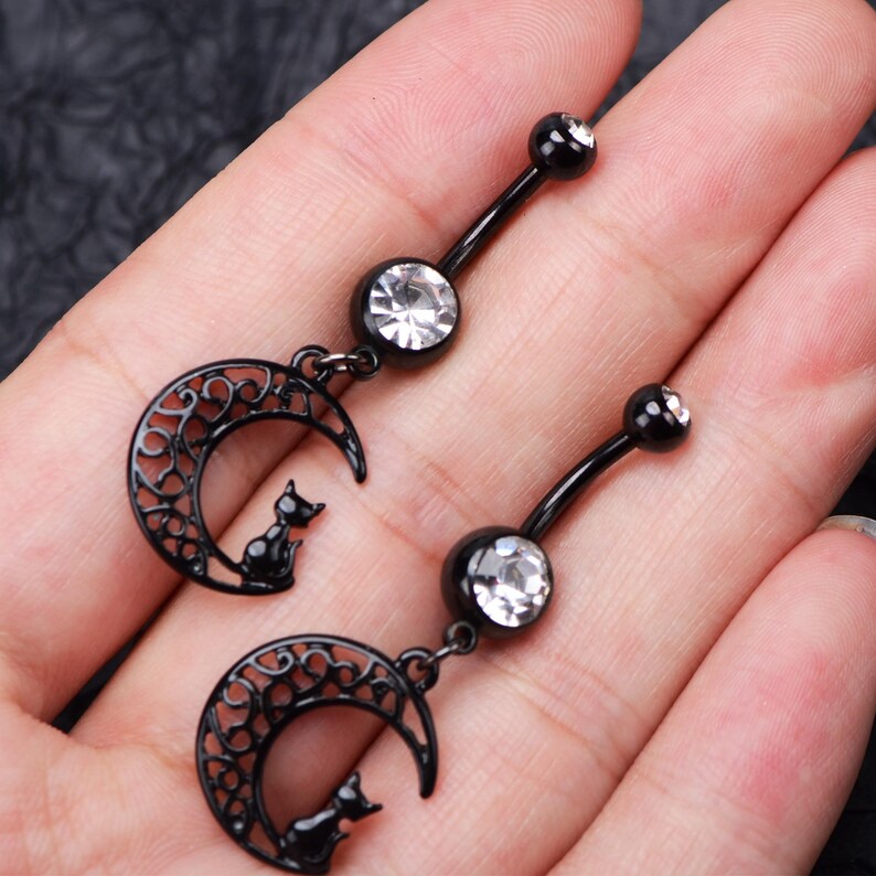 14G CZ Black Cat Dangle Belly Button Ring/belly Piercing/navel Etsy