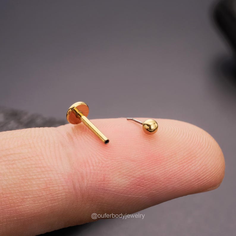 May include: Two gold body jewelry pieces, one is a flat-backed stud with a post, the other is a ball stud. Both are on a finger.