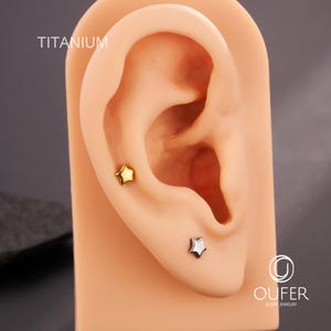 K&ouml;nnte beinhalten: Nahaufnahme eines k&uuml;nstlichen Ohrs mit zwei sternf&ouml;rmigen Ohrringen. Ein Ohrring ist goldfarben, der andere silberfarben. Das Wort "TITANIUM" ist oben links in Wei&szlig; aufgedruckt. Das Logo von OUFER BODY JEWELRY befindet sich unten rechts.