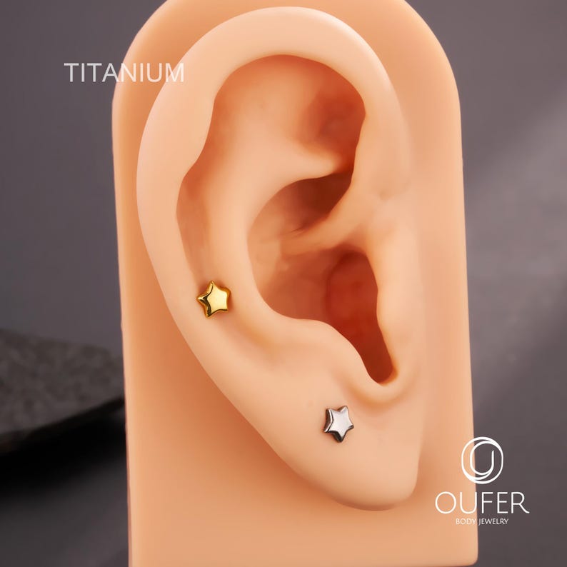 K&ouml;nnte beinhalten: Nahaufnahme eines k&uuml;nstlichen Ohrs mit zwei sternf&ouml;rmigen Ohrringen. Ein Ohrring ist goldfarben, der andere silberfarben. Das Wort "TITANIUM" ist oben links in Wei&szlig; aufgedruckt. Das Logo von OUFER BODY JEWELRY befindet sich unten rechts.