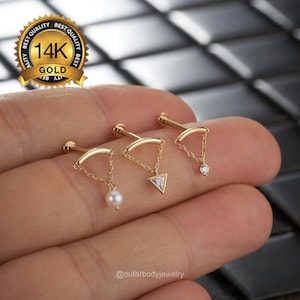 14K Solid Gold Dangle CZ/Pearl/Triangle Hidden Helix piercing/Rook Earring/Cartilage Stud/Conch Earring/Flatback/Earlobe Stud/Chain Earring