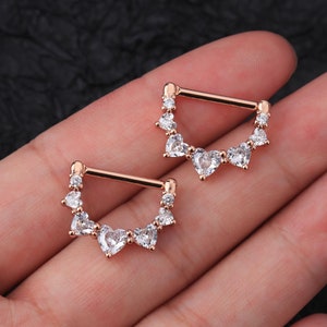 2pcs 14G Rose Gold CZ Nipple Clicker Jewelry/Crystal Hearts Nipple Clicker/Nipple Piercing/Nipple Jewelry/Nipple Ring/Cadeau pour elle/Noël