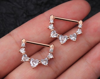 2pcs 14G Rose Gold CZ Nipple Clicker Jewelry/Crystal Hearts Nipple Clicker/Nipple Piercing/Nipple Jewelry/Nipple Ring/Gift For Her/Christmas