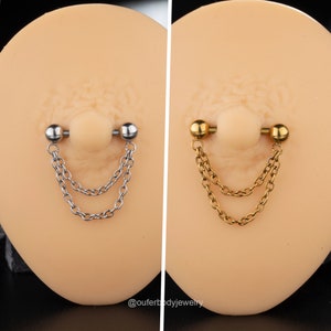 A Pair 14G THREADLESS Nipple Rings/Nipple Chain/Gold Dangle Nipple Jewelry/Push-In Nipple Barbell/Straight Bar/Nipple Piercing/Gift for her